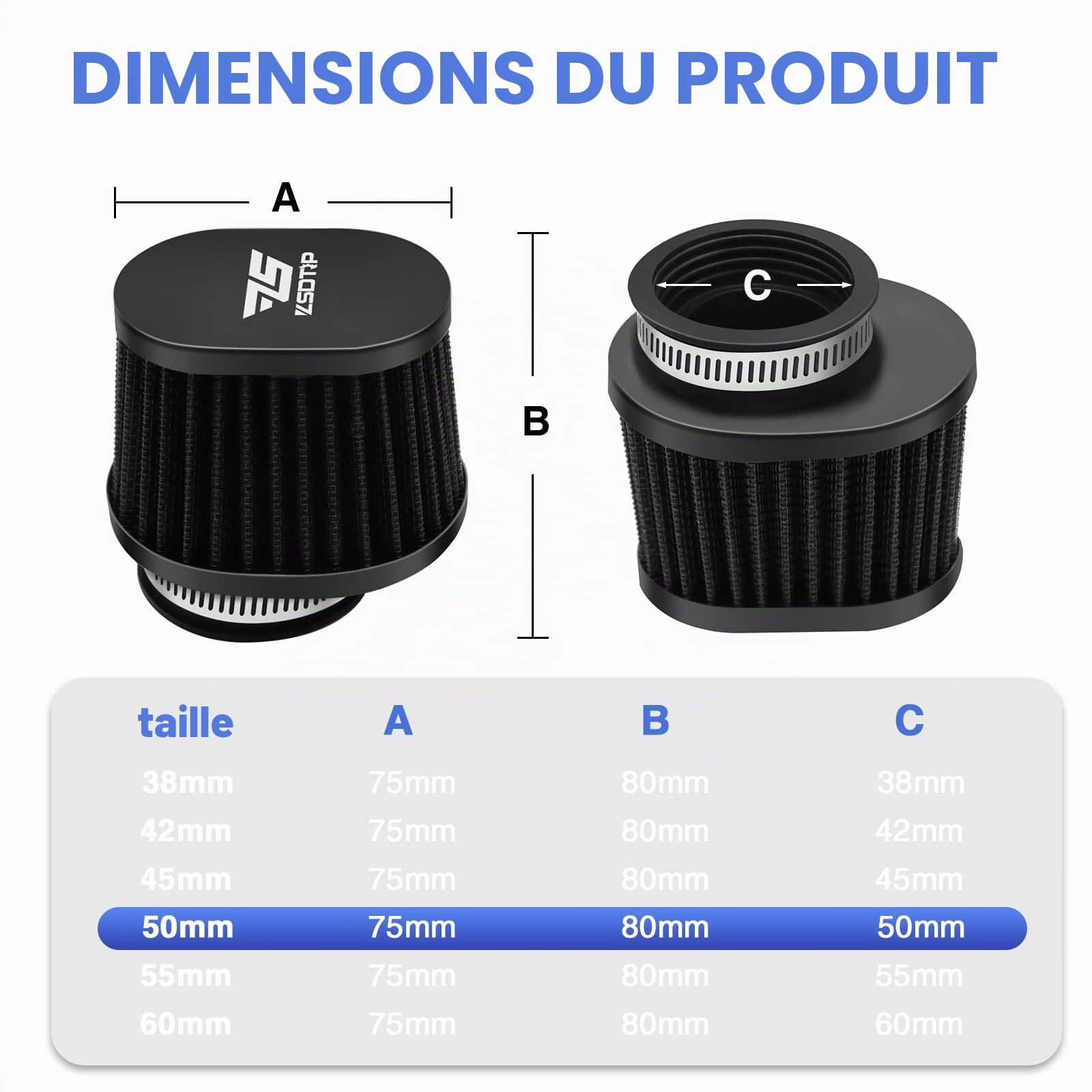 Lot de 2 filtres à air universels de 50 mm pour moto tout-terrain, haute performance, pour motocross, scooter, cyclomoteur, Yamaha, Honda, Suzuki, Kawasaki, ATV (noir)