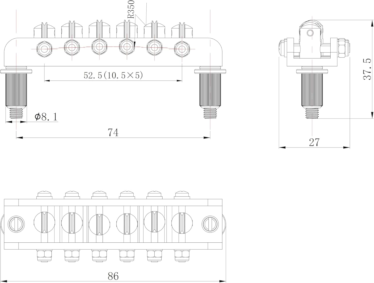 Guyker Guitar Roller Bridge String Spacing 10.5mm, Mosrite Style Bridge with Studs for 6 String Les Paul LP Electric Guitar (GM018, Chrome)