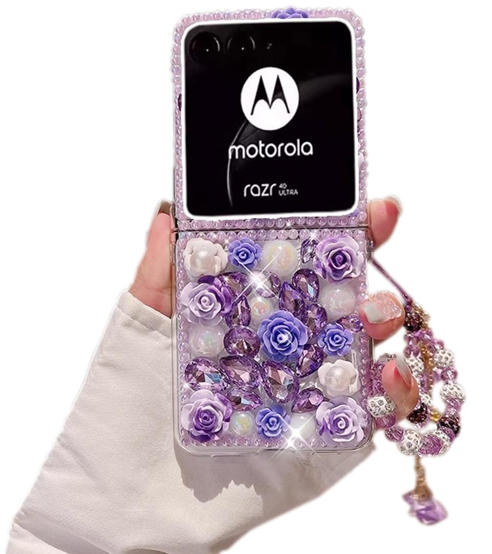 Moto Razr Plus 2023 Case - Luxury Crystal Rhinestone Flowers Glitter Diamond Pearl Cover with Flower Strap for Women