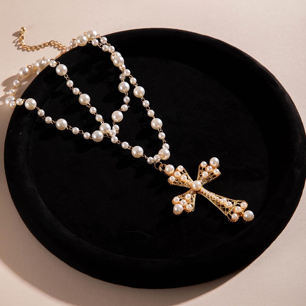 Layered Chunky Cross Necklace for Women,Exaggerate Big Pearl Beaded Pendant Statement Necklace,Fashionable Irregular Jewelry Accessories Gift - Image 6
