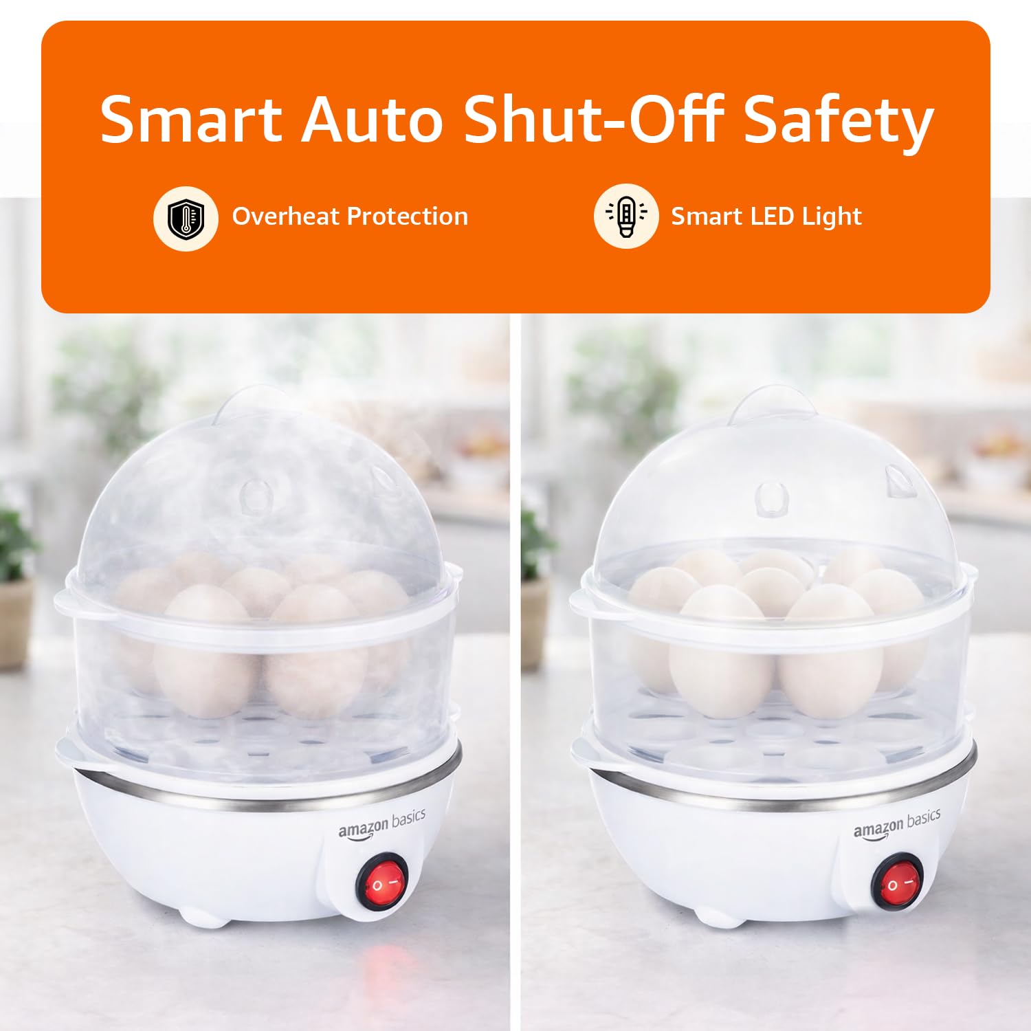 amazon basics Double Decker Egg Boiler | 350 Watt | Boils Upto 14 Eggs | 3 Boiling Modes, Overheat Protection | Stainless Steel Heating Plate, Measuring Cup | 500 ml | Durable | Plastic | White 2