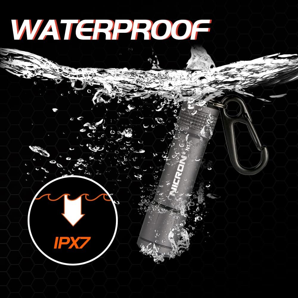NICRON N1 Flashlight submerged in water, demonstrating IPX7 waterproof rating