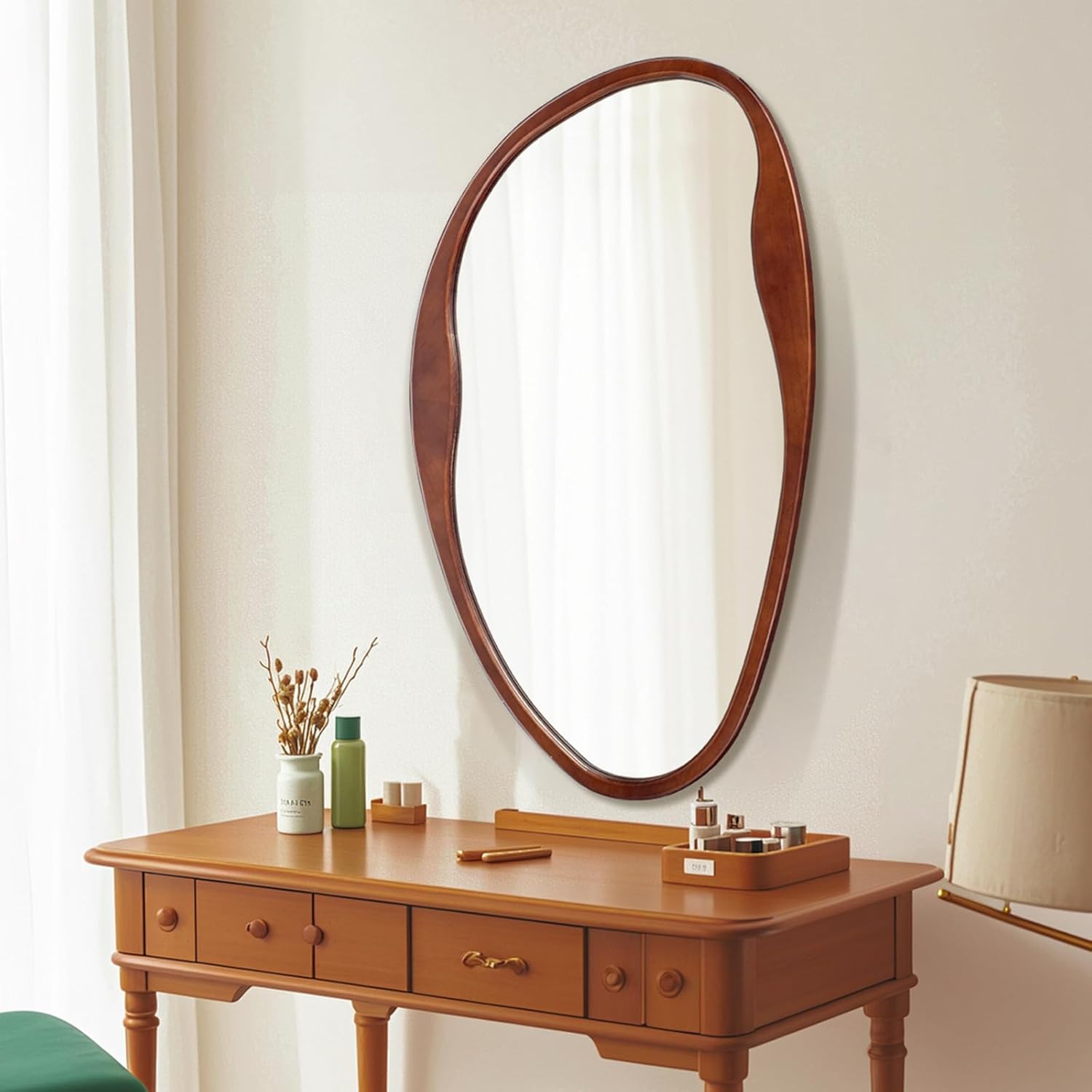 Asymmetrical Wood Mirror, Irregular Wall Mirror, Walnut Wooded Framed Wave Mirrors for Bathroom, Bedroom, Living Room, Entryway, Farmhouse Mid Century Modern Mirrors(36" H x 20" W)