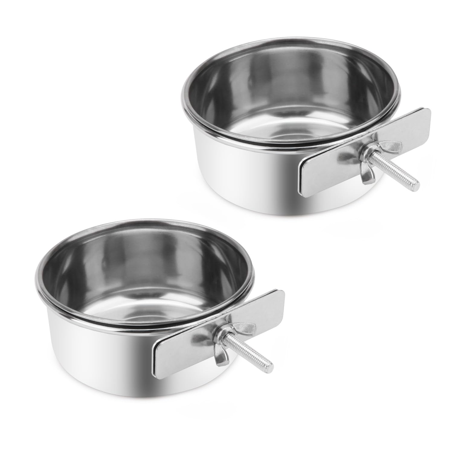Wontee Pet Food Water Bowl with Clamp Holder Stainless Steel Feeding Cups Feeder for Dog Bird Parrot Cat Rabbit, 2 Packs (S)
