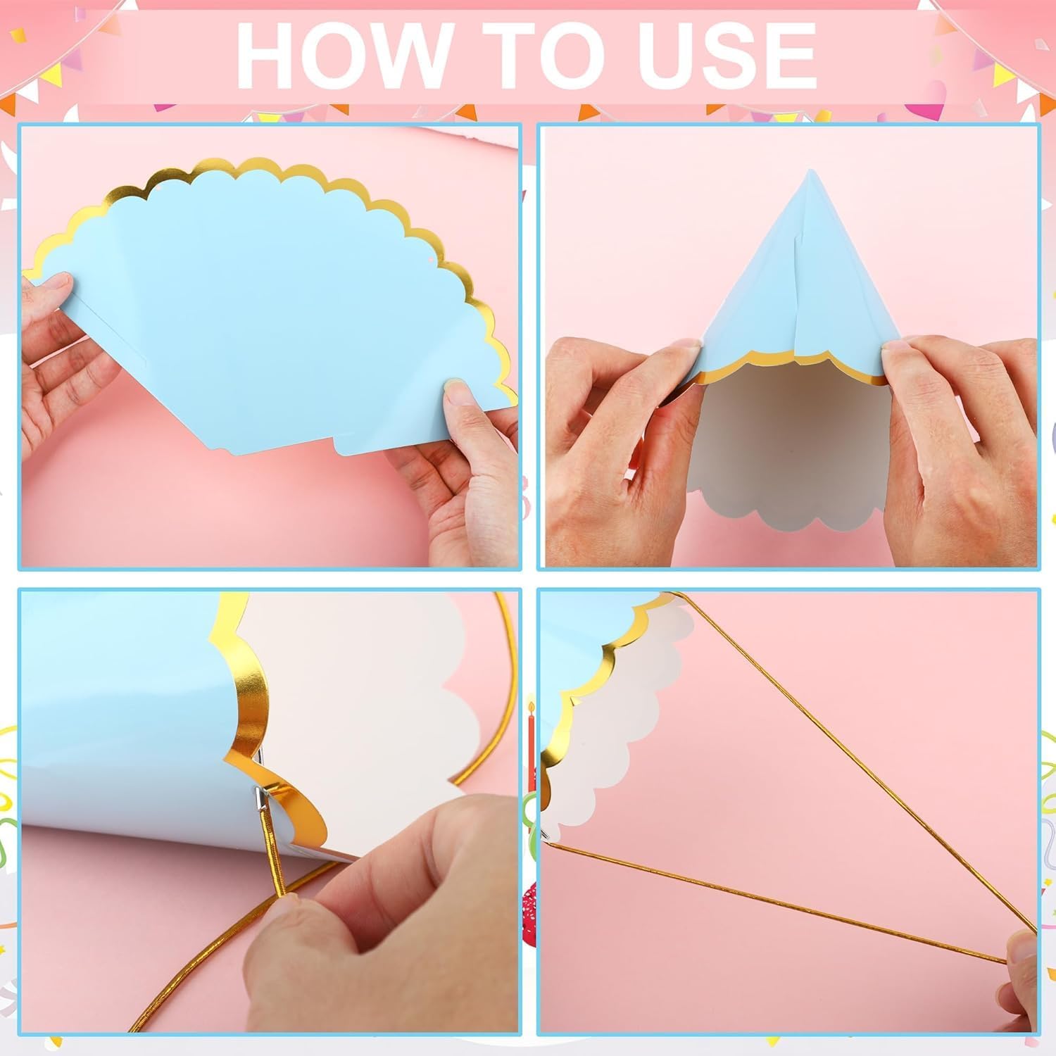 24Pcs Pastel Birthday Party Hats — Colorful Cone Paper Hats with Gold Edge/Gold-Stamped, Elastic String, 6 Colors, for Baby Shower, Bridal, Wedding