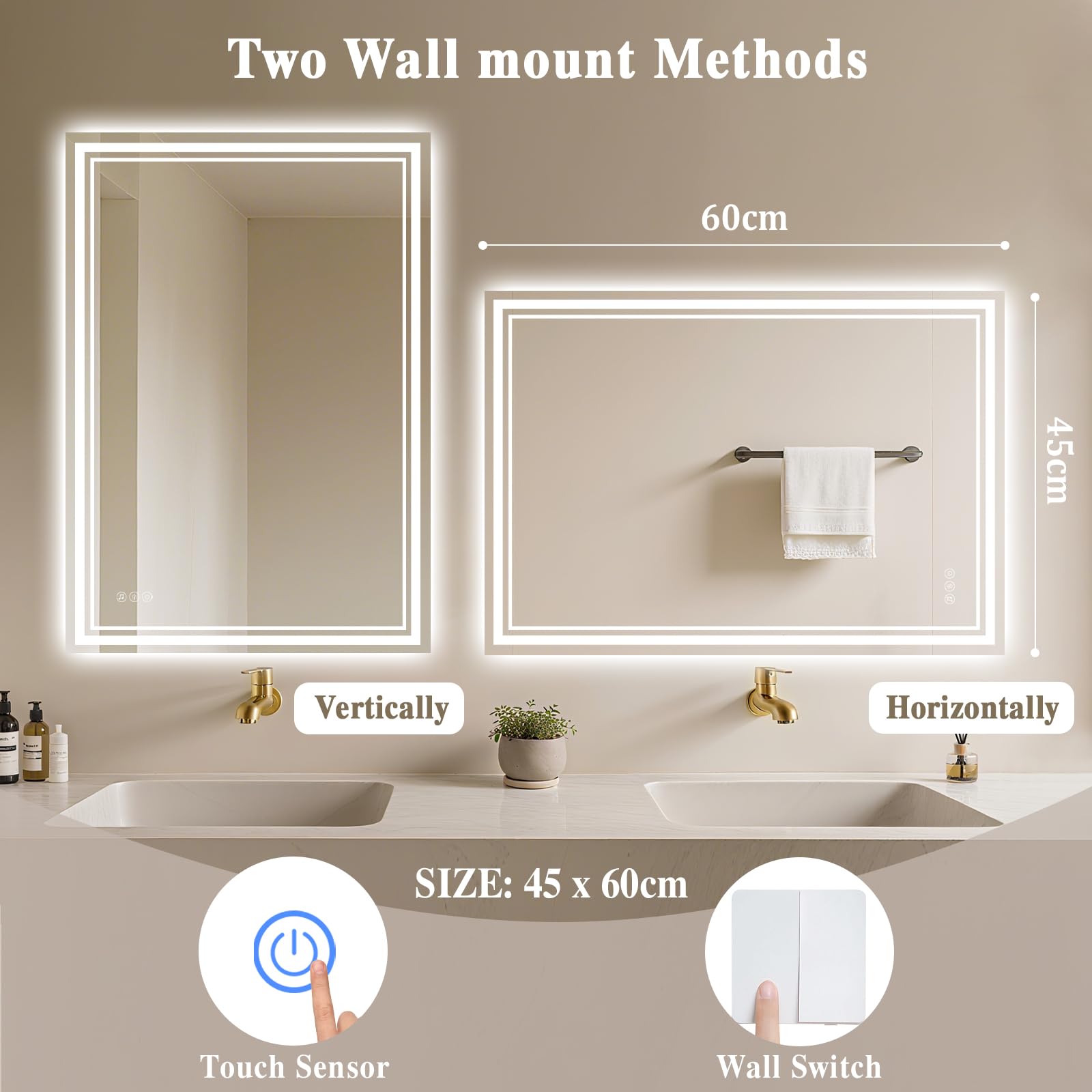 Specchio da bagno con luce a LED: 45 x 60 cm, illuminato a parete, Bluetooth, LED, con presa per rasoio, anti-appannamento, 3 colori, dimmerabile, funzione di memoria, specchio intelligente