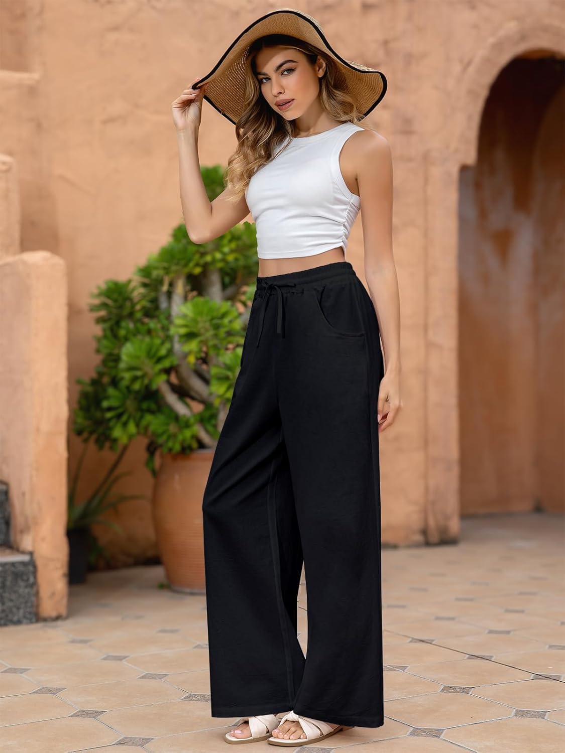 Fancysters Women Wide Leg Linen Pants, High Waisted Summer Casual Cotton Linen Palazzo Pants with Pockets - Image 3