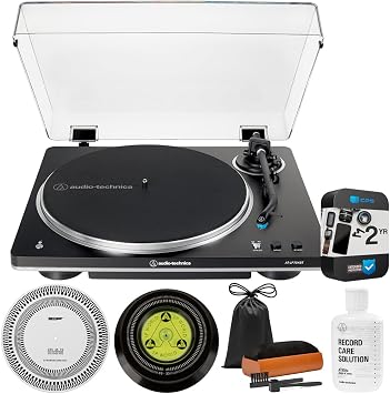 Audio-Technica AT-LP70XBT-BS Automatic Wireless Belt-Drive Turntable, Black/Silver Bundle with 2 YR CPS Enhanced Protection Pack, Record Care Solution, Cleaning Kit, Stroboscope and Record Stabilizer