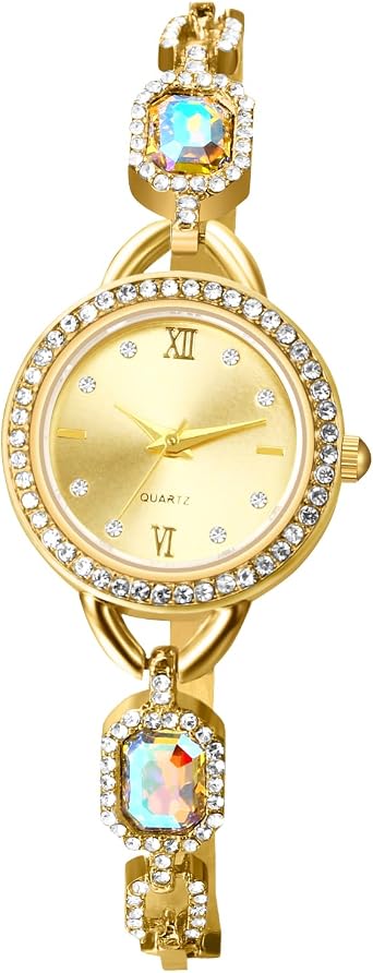 Oidea Women's Gold Watch with Faux Diamonds Elegant Round Dial Analog Quartz Wrist Watches for Women Cubic Zirconia Decoration Business Casual Ladies Dress Watch