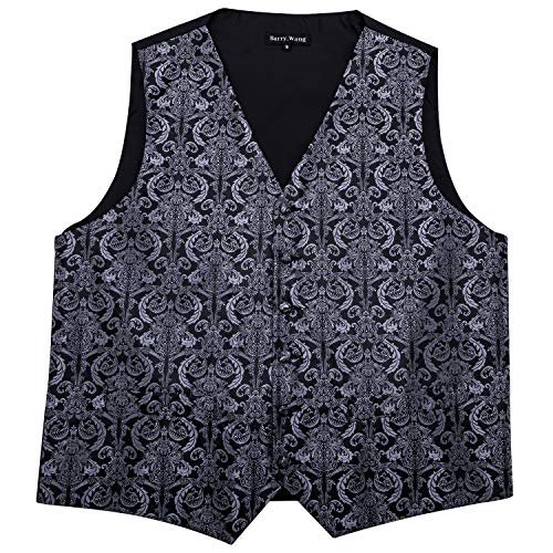 Image of Barry.Wang Black Grey Dress Suit Vest for Men Silk Business Tie Handkerchief Cufflink Waistcoat Formal Tuxedo 5PCS