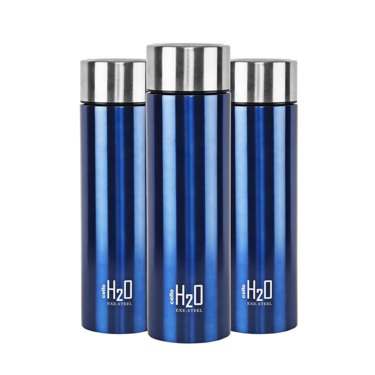 CELLO H2O Stainless Steel Water Bottle for Office & Daily Use Set of 3 Pcs, 1000 ml Blue | Single Wall Freezer & Fridge Safe, Lightweight Leakproof Rustproof Steel Water Bottle for School Gym Travel