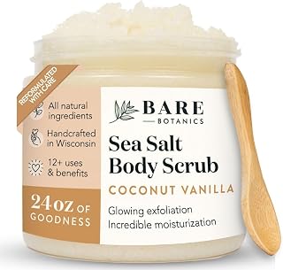 BareBotanics Coconut Vanilla Sea Salt Body Scrub 24oz - All-Natural Vegan Exfoliator with Jojoba, Argan Oil & Spoon | Made in Madison WI