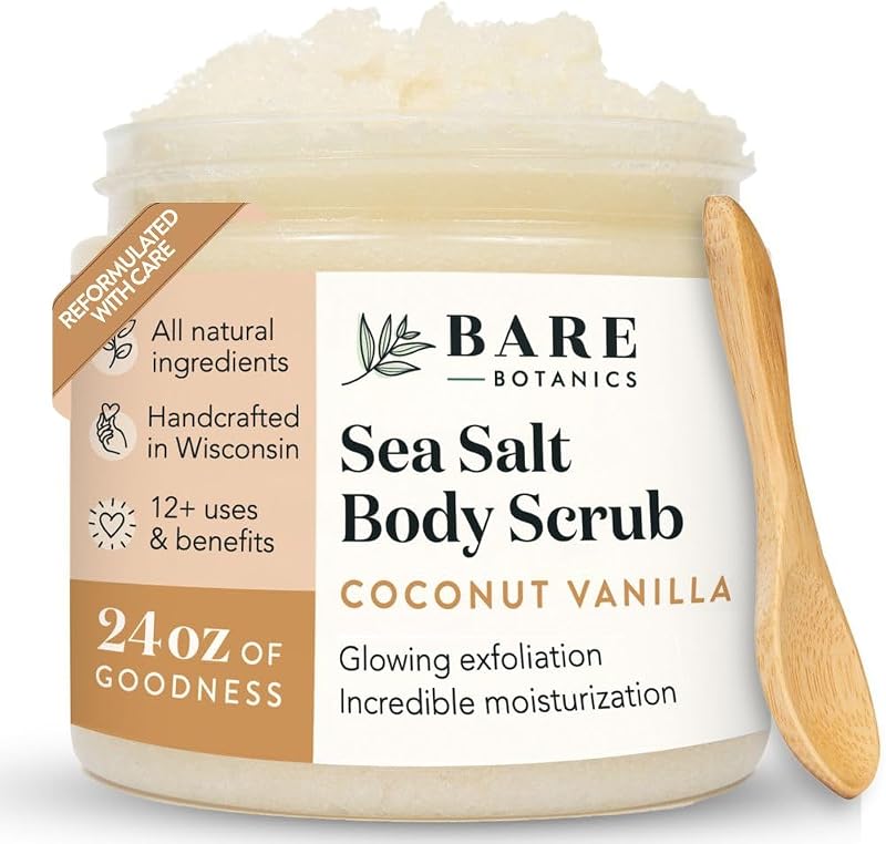 Esfoliante corporal de sal marinho com coco e baunilha BARE BOTANICS, 710 mL