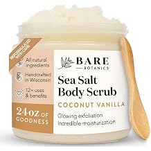 Bare Botanics Coconut Vanilla Body Scrub 24oz | Made in Madison, WI | All Natural Sea Salt Exfoliator w/ Skin Loving Moisturizers | Vegan &amp; Cruelty Free | Gift Ready Packaging w/ a Cute Wooden Spoon | All Natural, Non Toxic, Vegan and Cruelty Free | Handpoured in Madison, WI | Ready to Gift | Comes with Cute Wooden Spoon