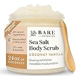 Bare Botanics Coconut Vanilla Body Scrub 24oz | Made in Madison, WI | All Natural Sea Salt Exfoliator w/ Skin Loving Moisturizers | Vegan & Cruelty Free | Gift Ready Packaging w/ a Cute Wooden Spoon