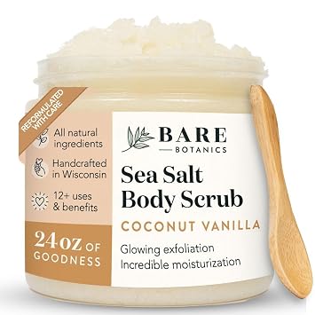 Bare Botanics Coconut Vanilla Body Scrub 24oz | Made in Madison, WI | All Natural Sea Salt Exfoliator w/ Skin Loving Moisturizers | Vegan & Cruelty Free | Gift Ready Packaging w/ a Cute Wooden Spoon | All Natural, Non Toxic, Vegan and Cruelty Free | Handpoured in Madison, WI | Ready to Gift | with Cute Wooden Spoon