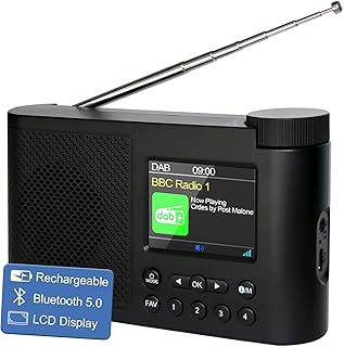 Radio portatil Pequeña, Radio Dab/FM, Radio con Bluetooth,Radio a Pilas Digital,Reloj con Doble Alarma, Temporizador de Apagado automático, 40 emisoras preprogramadas