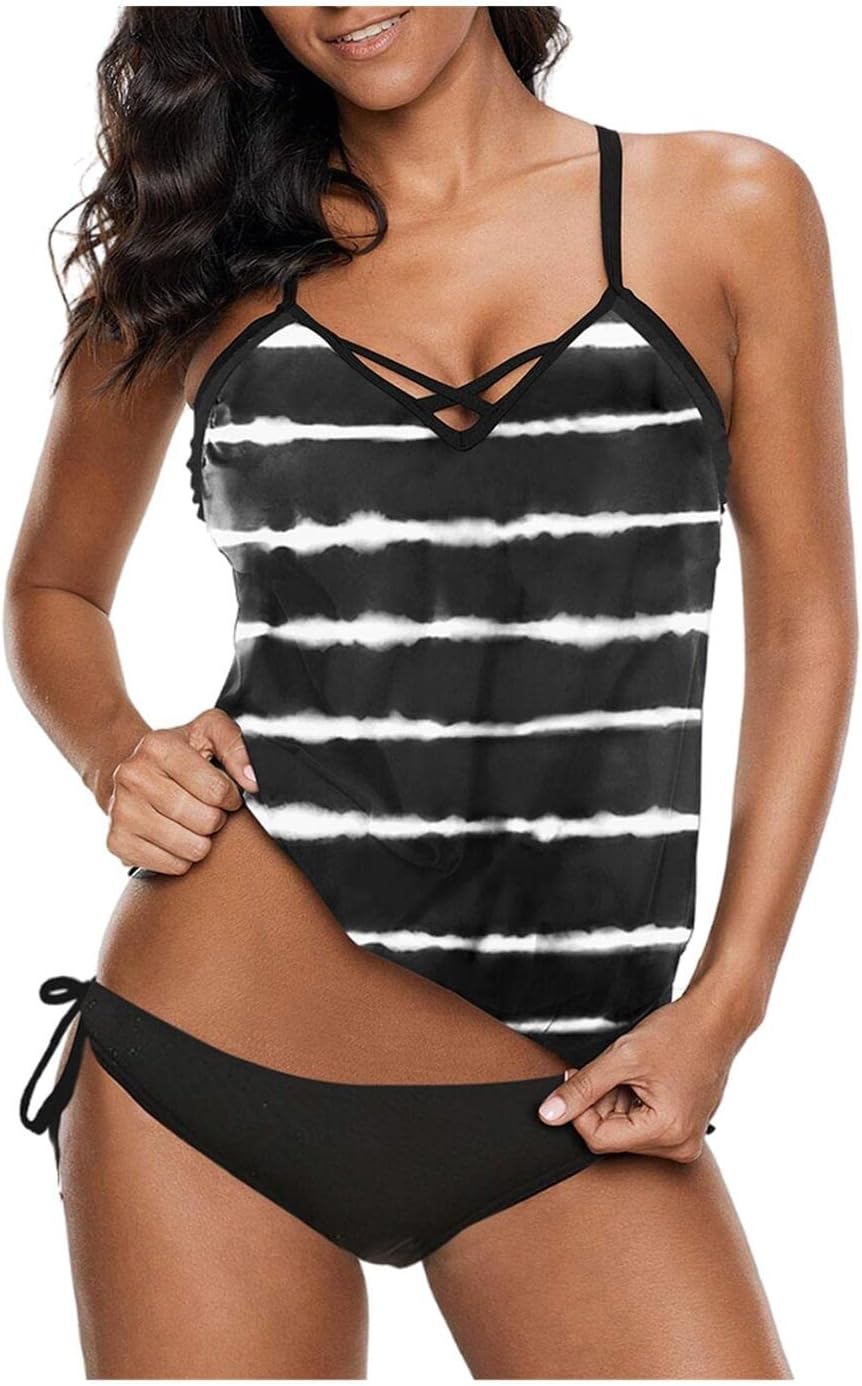 Meufam Women Tankini Swimsuits Two Piece Bathing Suits Stripe Print Tank Top with Shorts Tummy Control Swimming Suits
