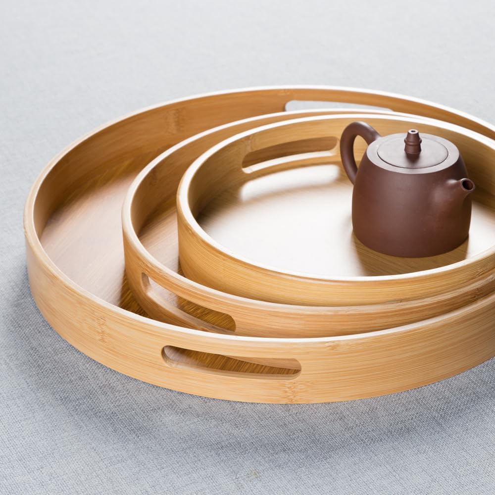 Bandeja de Servir de Madera de bambú, Bandeja de Servir Redonda, Bandeja de Madera Redonda Bandejas de Servir de bambú con Asas, Bandeja otomana para Pan, Fruta, café, Leche, té,25cm