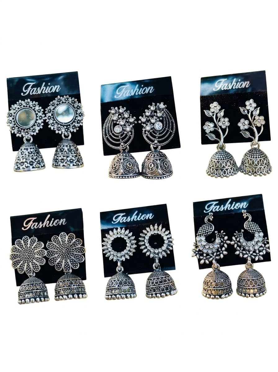 Traditional Oxidised Silver-Tone Jhumka Earrings Set For Women | Stylish Earring Set | Ethnic Indian Danglers | Ideal Jewellery Gift Set For Sister, Wife & Friends - Pack Of 6-image-6