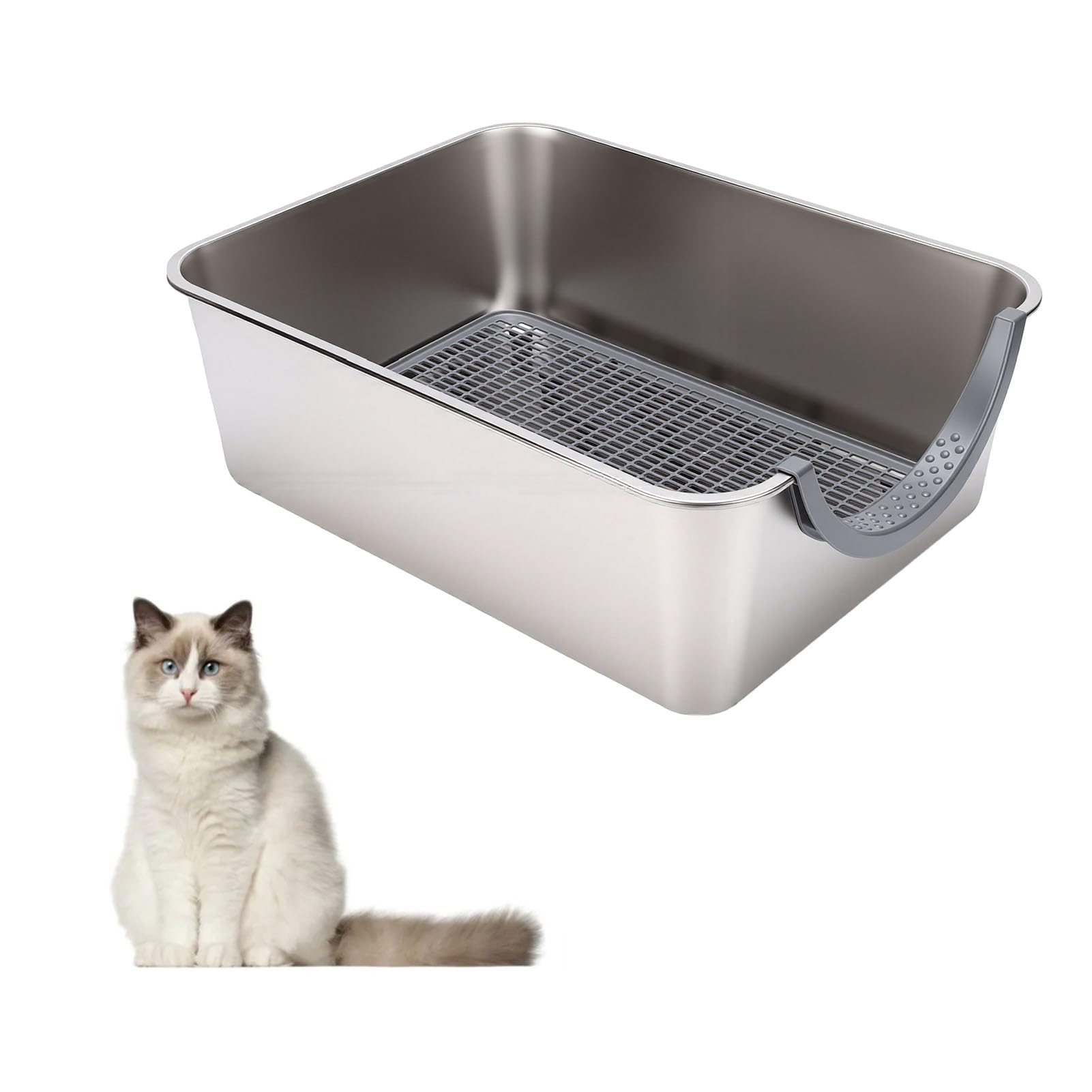 Bewinner Lettiera per Gatti in Acciaio Inossidabile, Design Aperto Spazioso e Multifunzionale, Filtro Antiodore Integrato Lettiera per Gatti Grande con Doppio Scomparto per Cibo e Acqua, per in