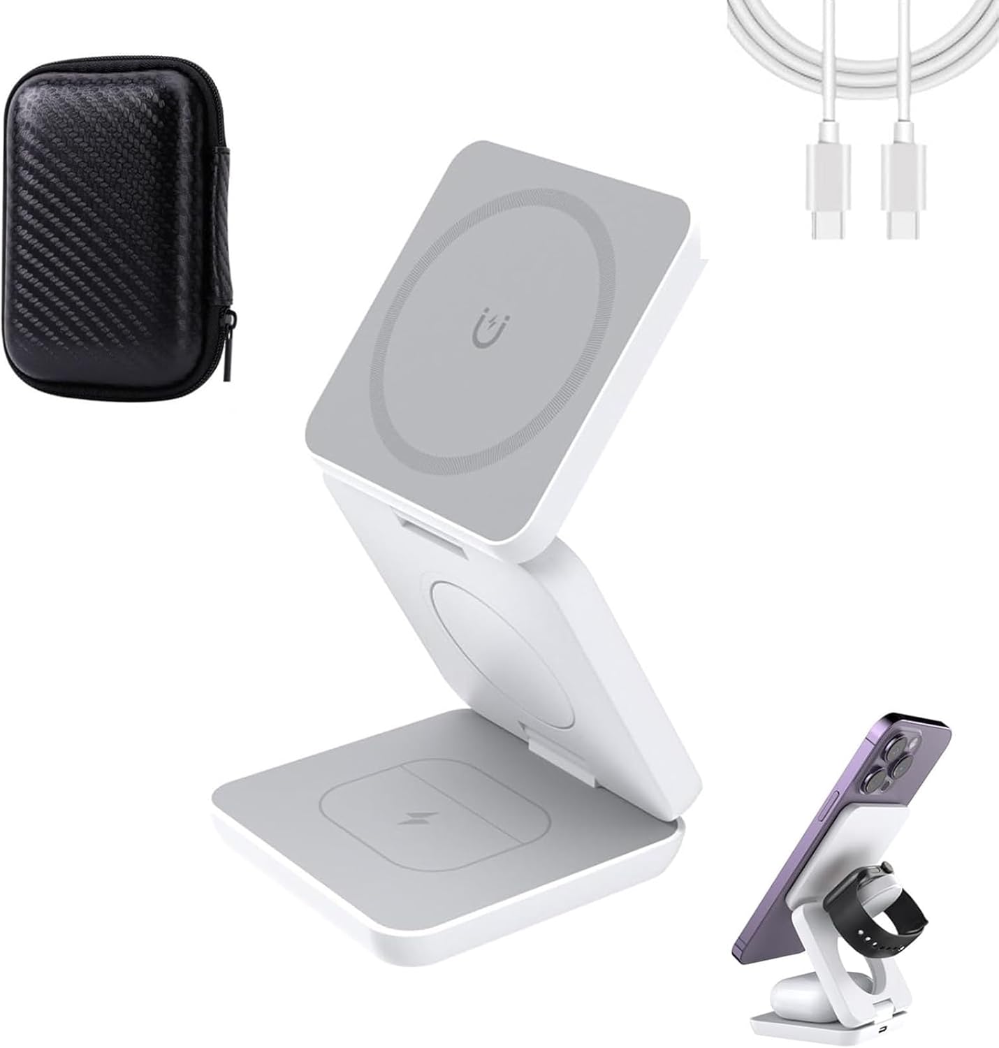 Foldable 3 in 1 Wireless Charging Station, Fast Magnetic Wireless Charger for iPhone 15 14 13 12 Pro/Max/Plus, Charging Stand Dock for Apple Watch/AirPods 3/2/Pro, White+Mini Bag