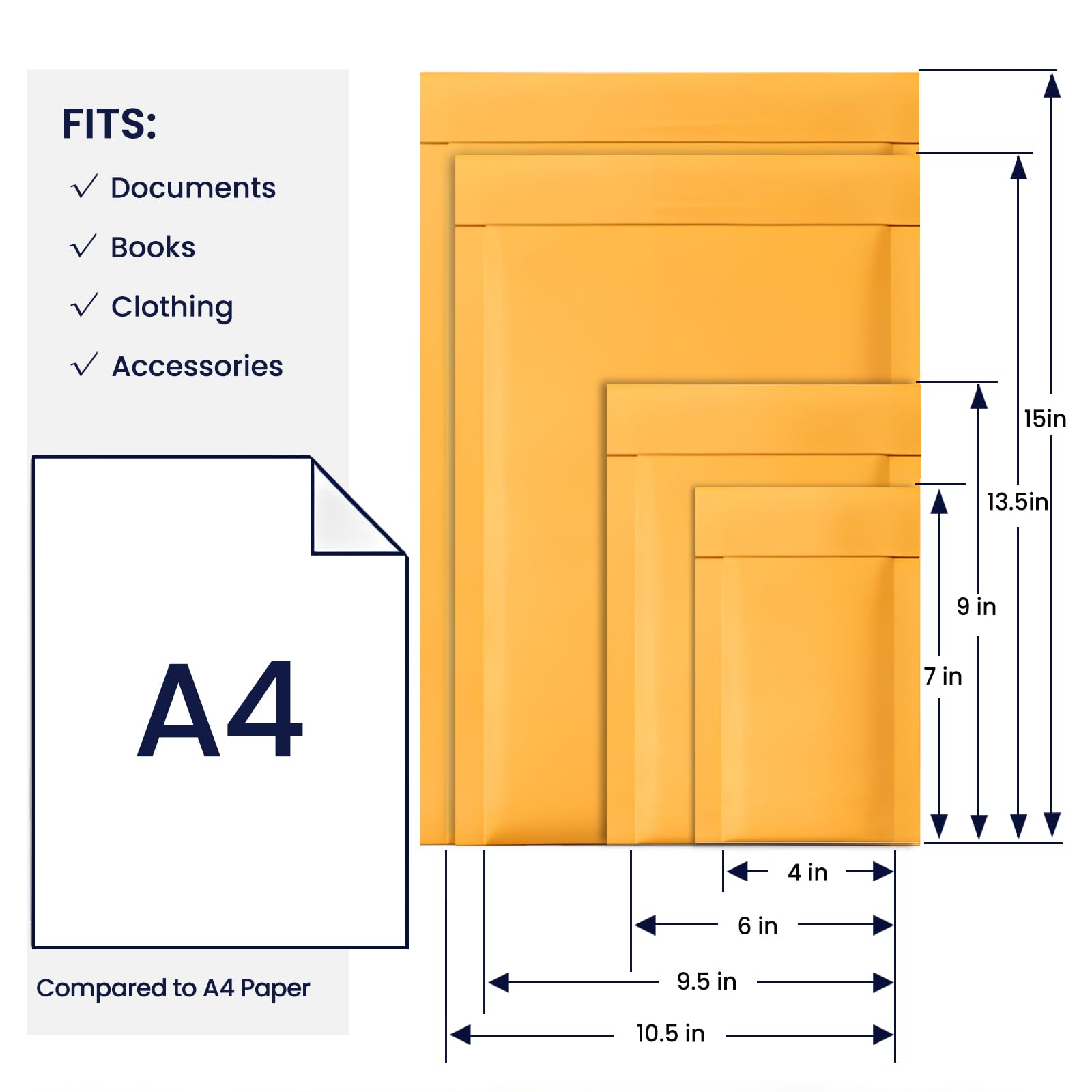 Sobres de burbujas de papel kraft de 9.5 x 14.5 pulgadas, sobre acolchado amarillo, sobres acolchados impermeables corporativos para envío, correo, embalaje, tamaño utilizable de 9.5 x 13.5