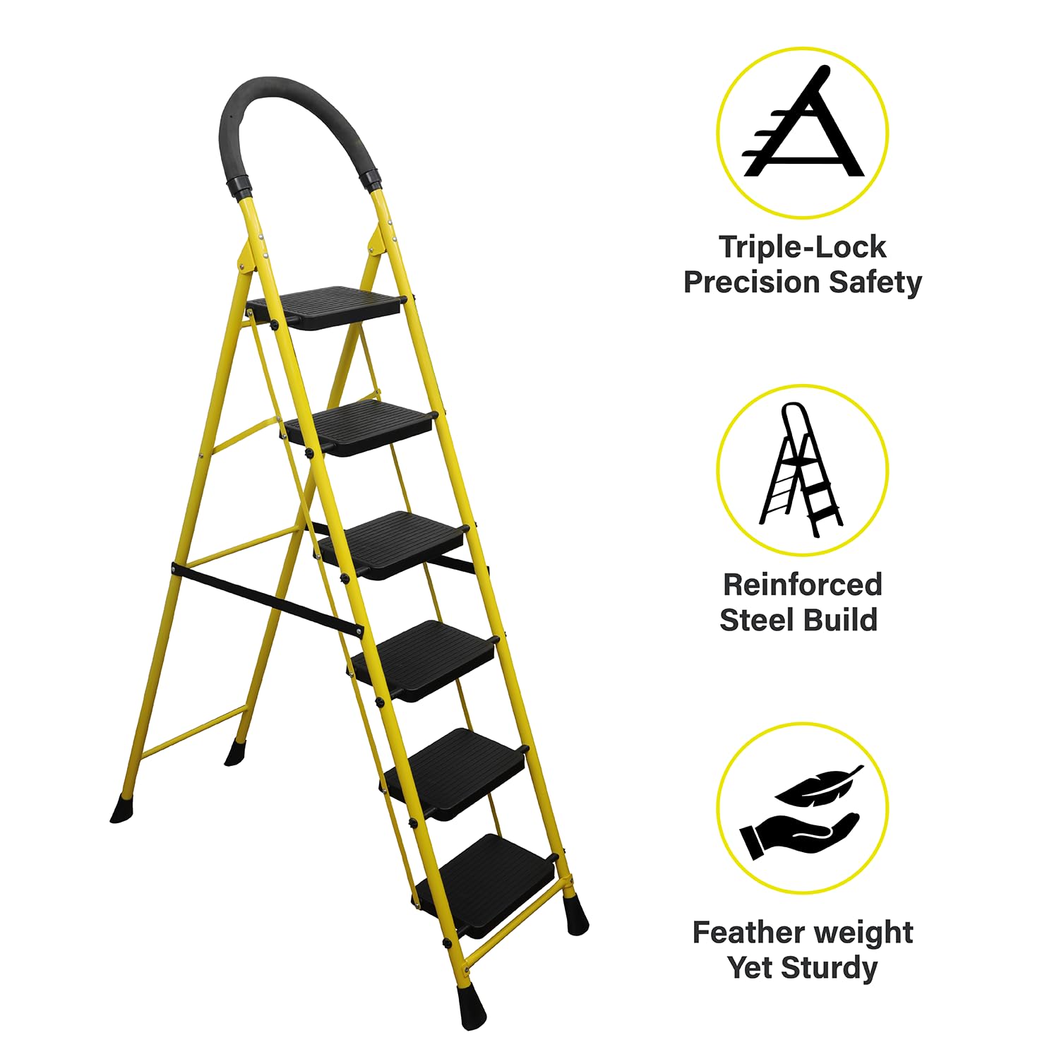 BonKaso Mild Steel Multipurpose Climb Swift 6-Step Foldable Ladder with Safety Clutch Lock, Load Capacity Upto 120kg – Anti-Slip Designed for Indoor & Outdoor Use - (Yellow & Black) — Amazon image 3