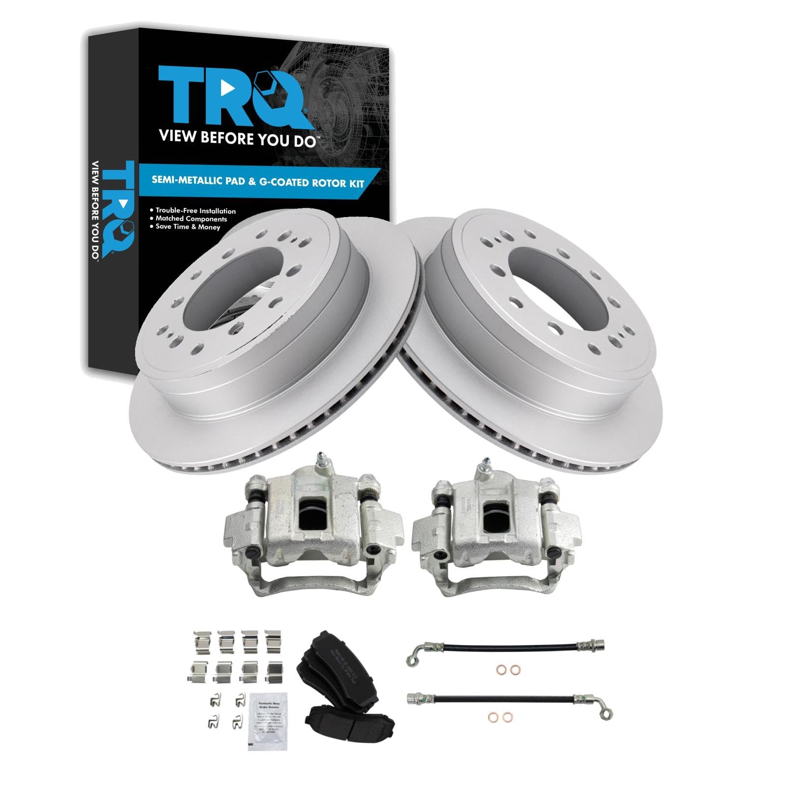 TRQ Rear Brake Pad and Rotor Set Semi Metallic Coated Rotors Calipers Compatible with 2010-2021 Lexus GX460 2010-2020 Toyota 4Runner