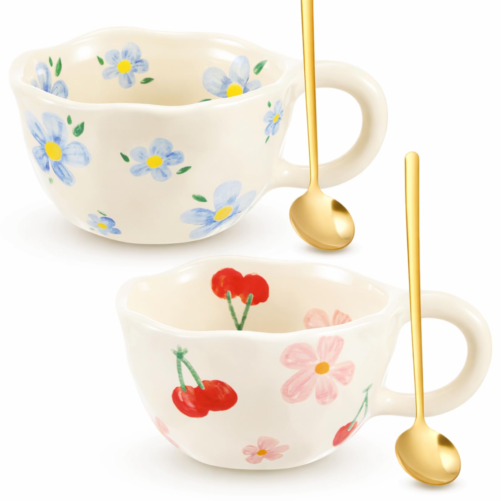 Vesici 2 tazas de café de cerámica creativas con diseño de flores con asas, 241.0 g, bonita taza de porcelana estética para oficina, hogar, lavavajillas y microondas (encantadora)