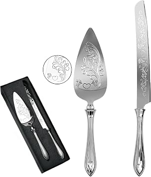KSENDALO Elegant Wedding Cake Cutting Set with Hollow Handle Cake Knife and Server Set, SUS30418/8S Stainless Steel Cutter & Server for Weddings, Birthdays, Parties& Celebrations,13.78 Inch, Silver
