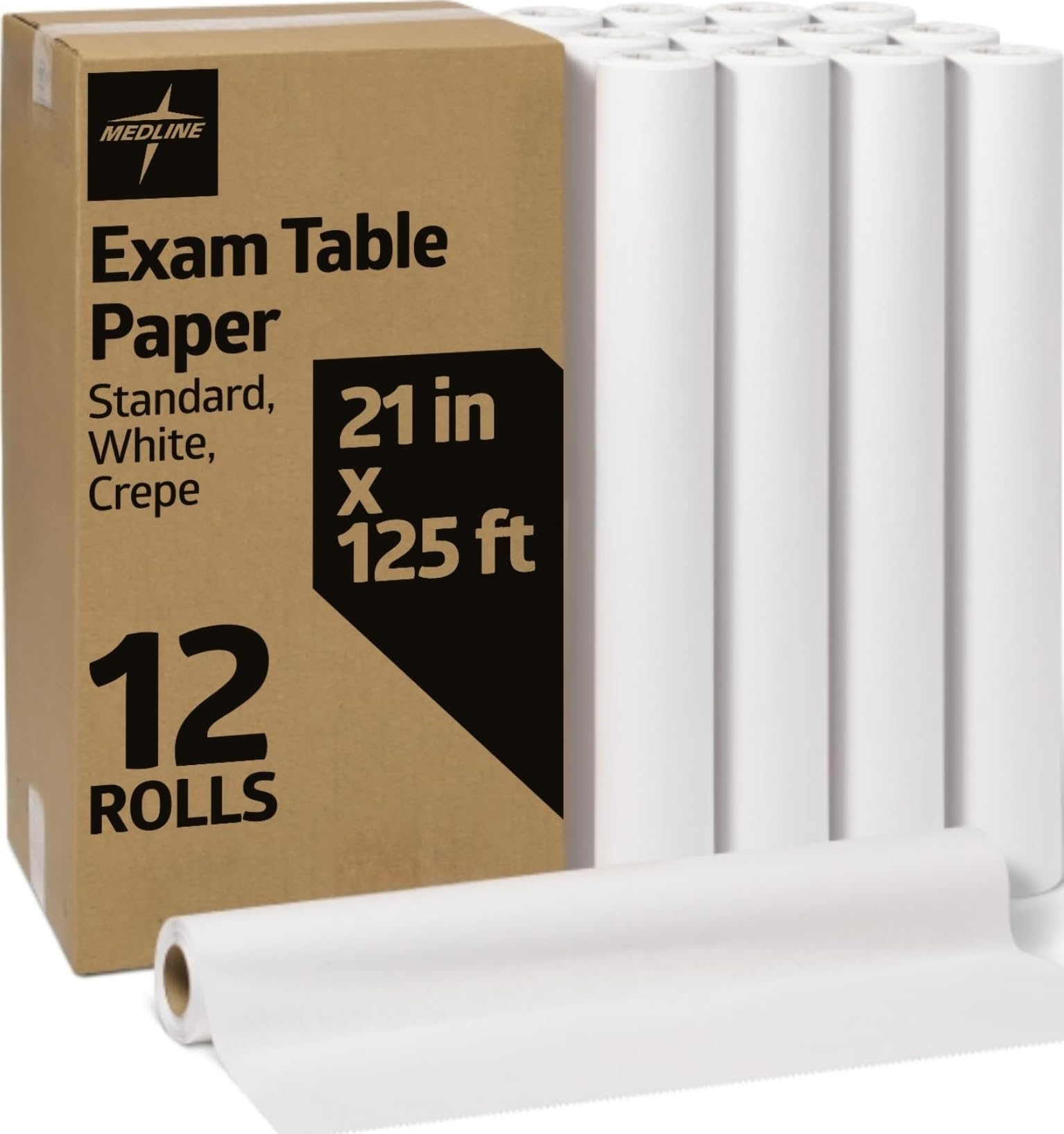 Medline Papel de mesa estándar para examen médico, acabado crepé, 21 pulgadas x 125 pies, caja de 12 rollos