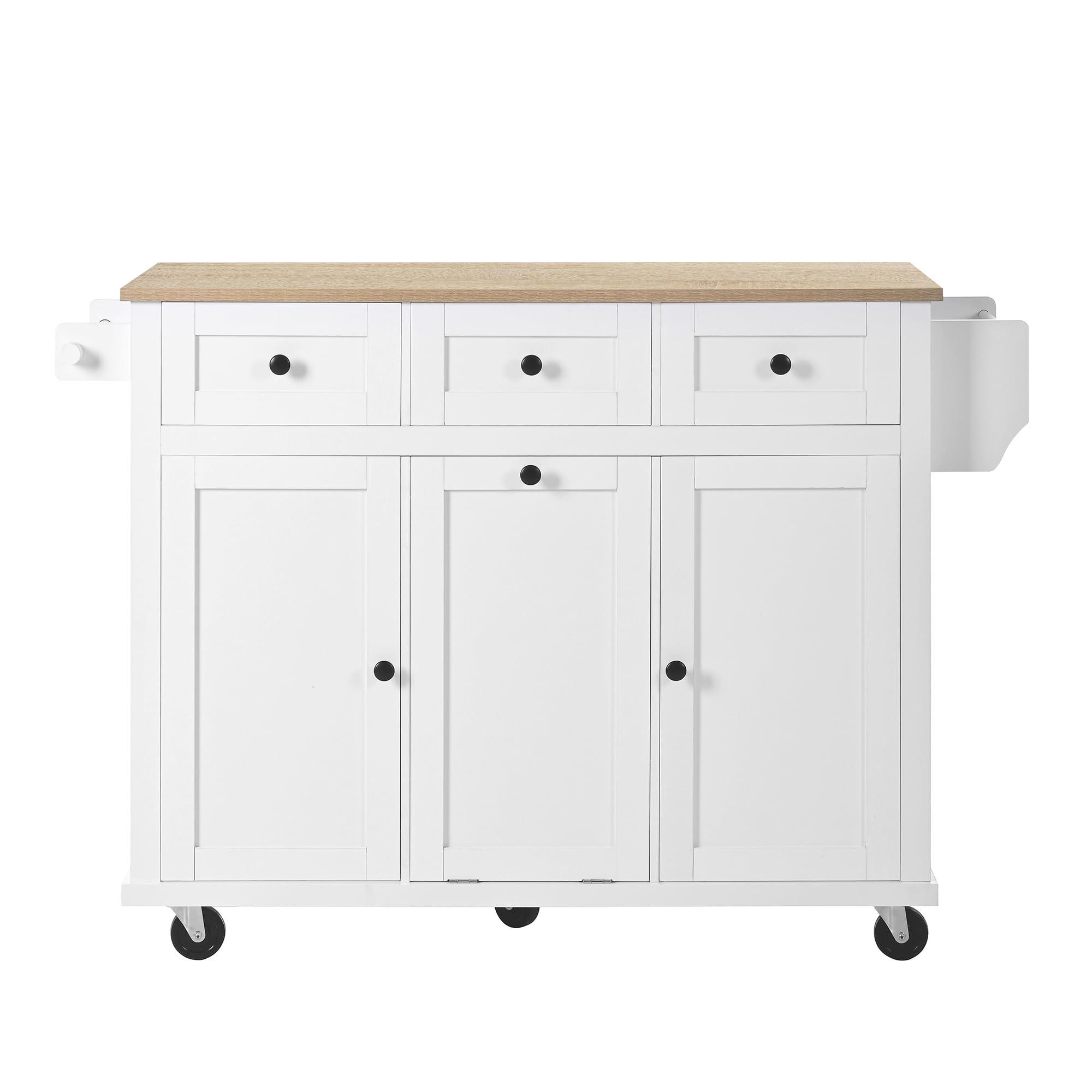 Carro de cocina con ruedas, isla de cocina, zona de comedor extensible, con espacio para cubo de basura y cajones, estante lateral para especias y toallero, color blanco