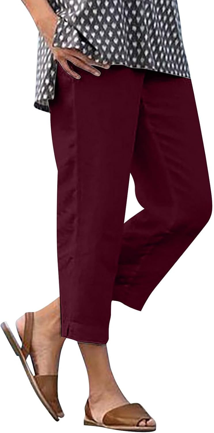Cotton Linen Capri Pants for Women Summer Casual Gauze Straight Leg Capris Elastic Waist Cropped Pant Beach Outfits