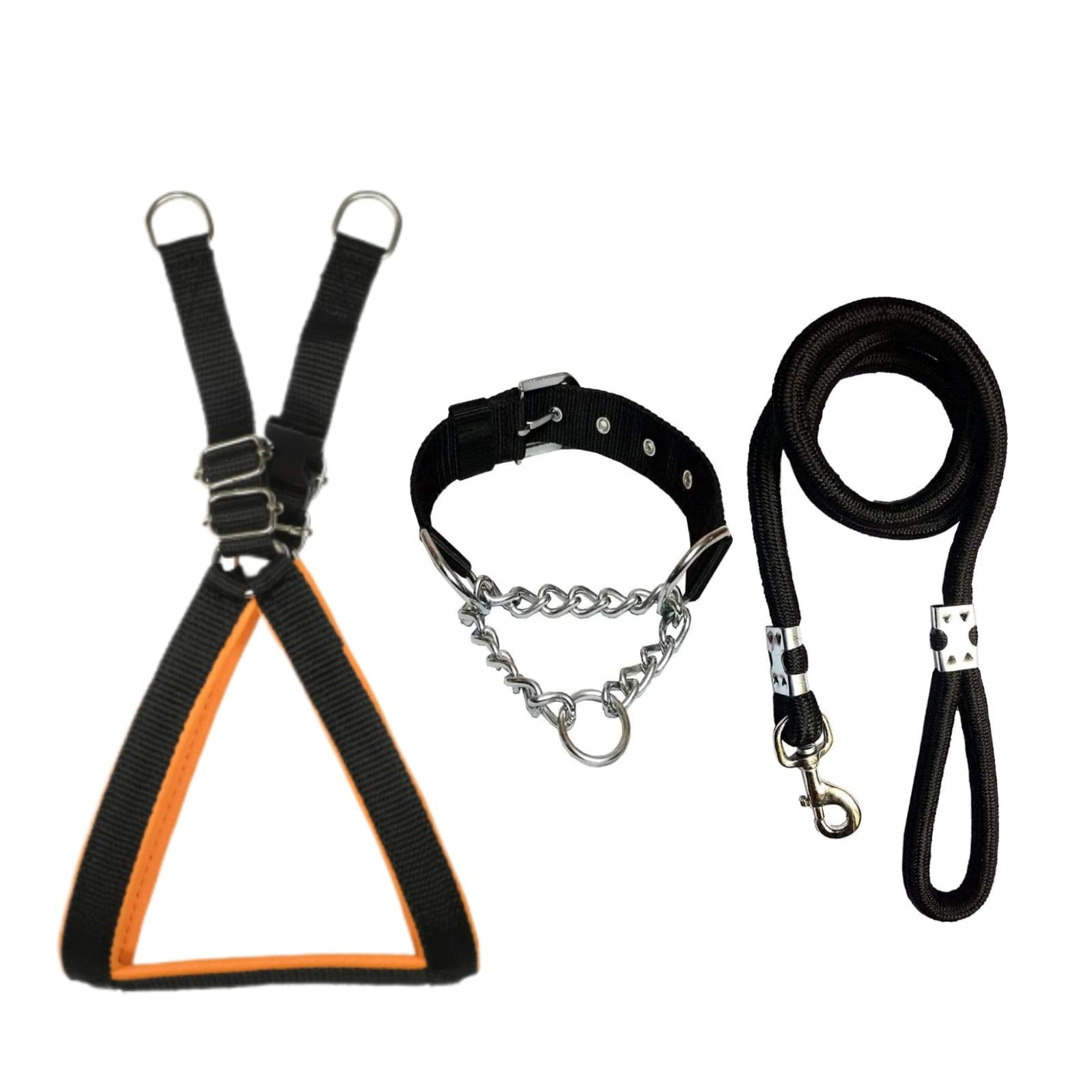 VIP Collection Combo of Dog Harness tainless Steel Choke Collar with Comfortable Rope Leash Comfortable for Walking Running Training (Large, Black-Orange) (B0BG33K4BL) Amazon Price History, Amazon Price Tracker