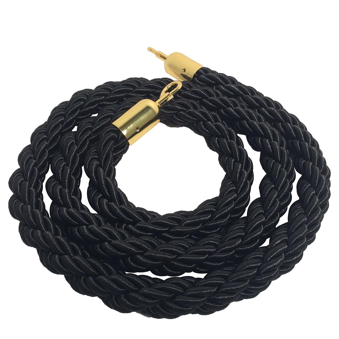 Danieli Store - Cuerda de Barrera Negro 2mt para Postes Separadores - Cordón Trenzado con Mosquetón en Metal Dorado- Adecuado para Teatros, Museos y Eventos (Negro)