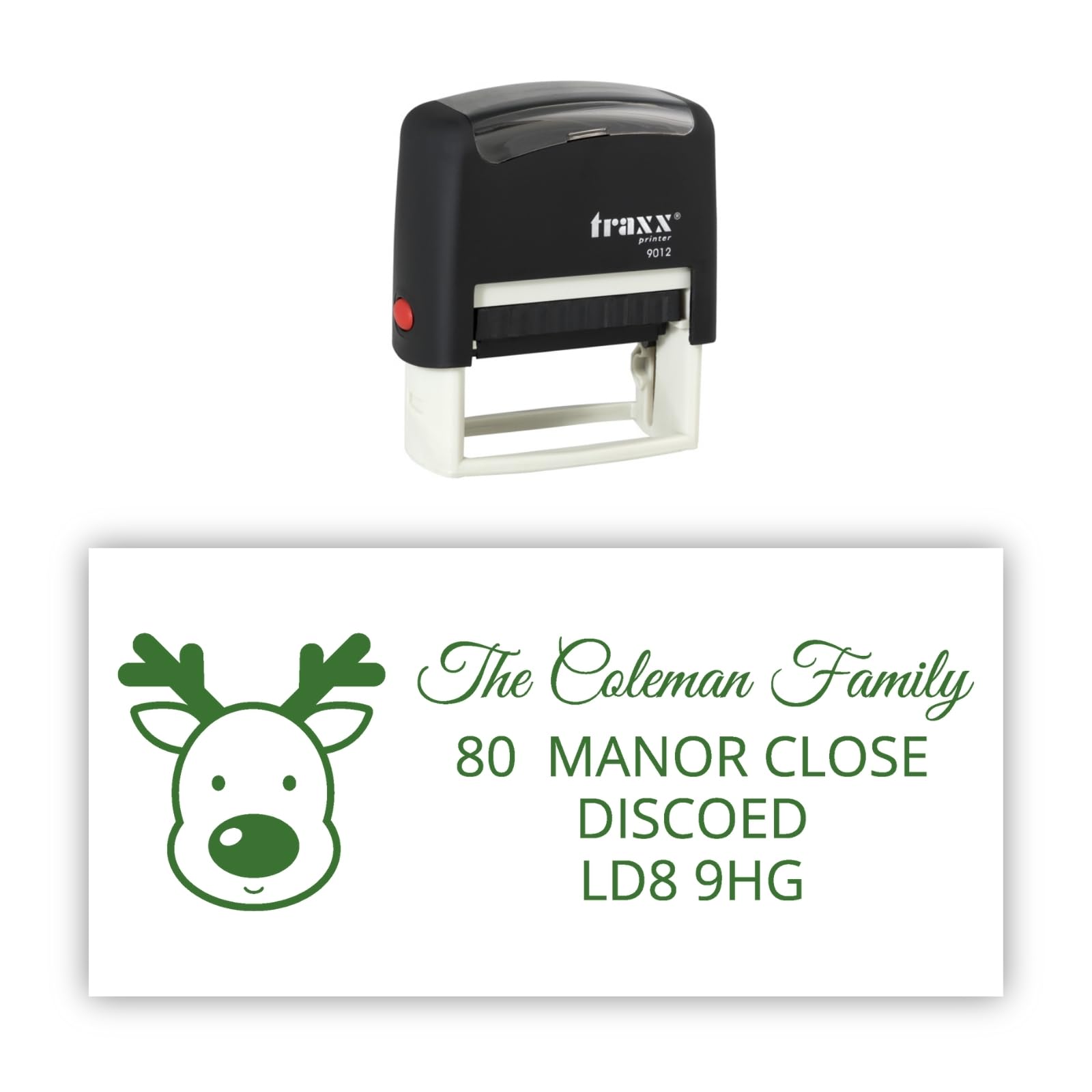 Traxx 9012 Personalised Christmas Self Inking Rubber Stamp - Reindeer with 4 Lines of Custom Text in Green Ink
