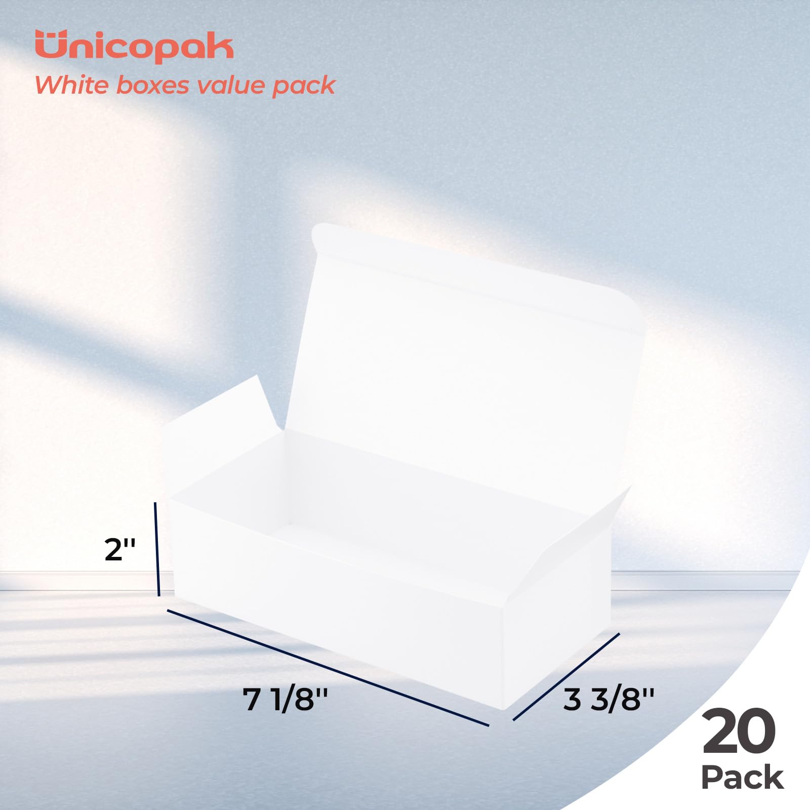 UnicoPak 20 Pack 1 Lb. Candy Boxes, Food Grade White Small Gift Boxes for Fudge Candy Chocolate Treat Goodie, Ideal for Birthday Christmas Party Homemade Business, 7 1/8" x 3 3/8" x 2"