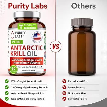 Purity Labs Antarctic Krill Oil 2000mg Omega-3 with Astaxanthin 800mcg Supplements to Support Memory- Rich in Omega 3, Fatty Acids, DHA, EPA & Phospholipids - 60 Softgels