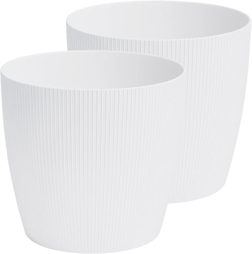 Home Garden Ornaments Plant Pots Indoor – 2 Striped Plastic Plant Pots, Modern Design Indoor Plant Pots for Houseplants (White, 13.5cm / 5.3 inch)