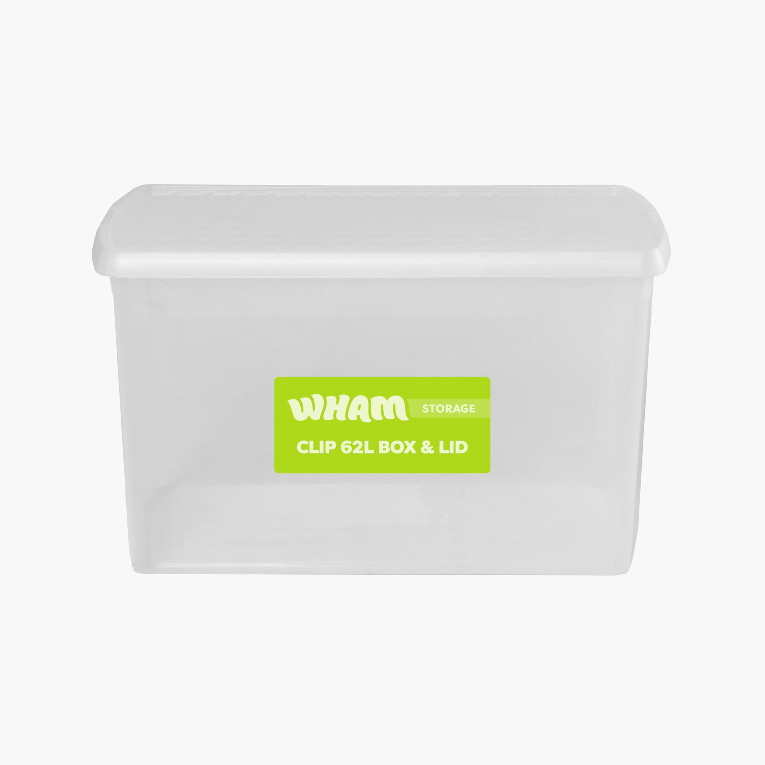 Wham Clip 62L Rectangular Stackable Plastic Storage Box with Lid | Ideal for Home, Office, Toys & More | Storage Container with Clip Lock | Made in UK - Clear/Clear