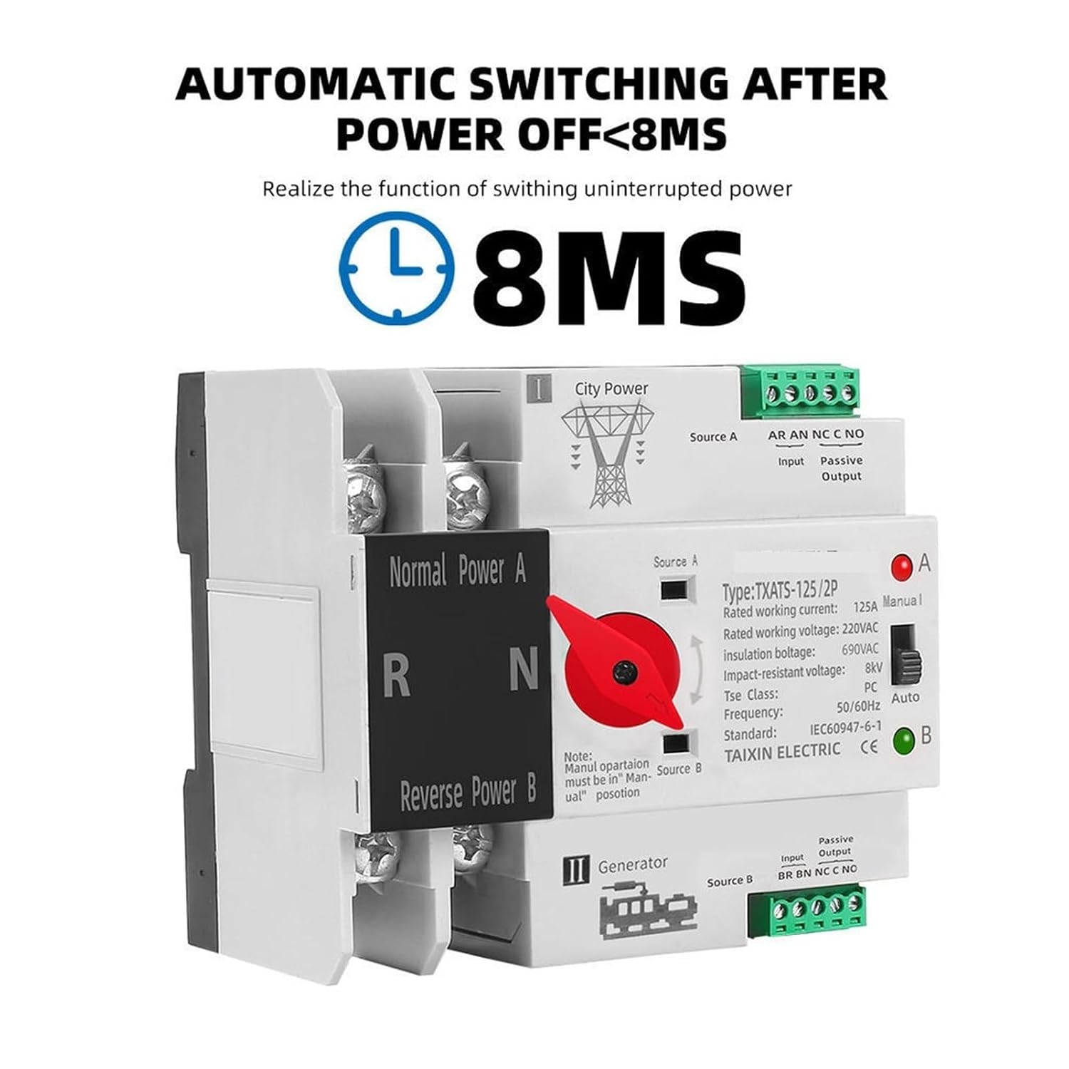 Automatic Transfer Switch 63A-125A 2P/3P/4P - Dual Power Changeover for Solar/Generator, Uninterrupted Power Supply(3P)