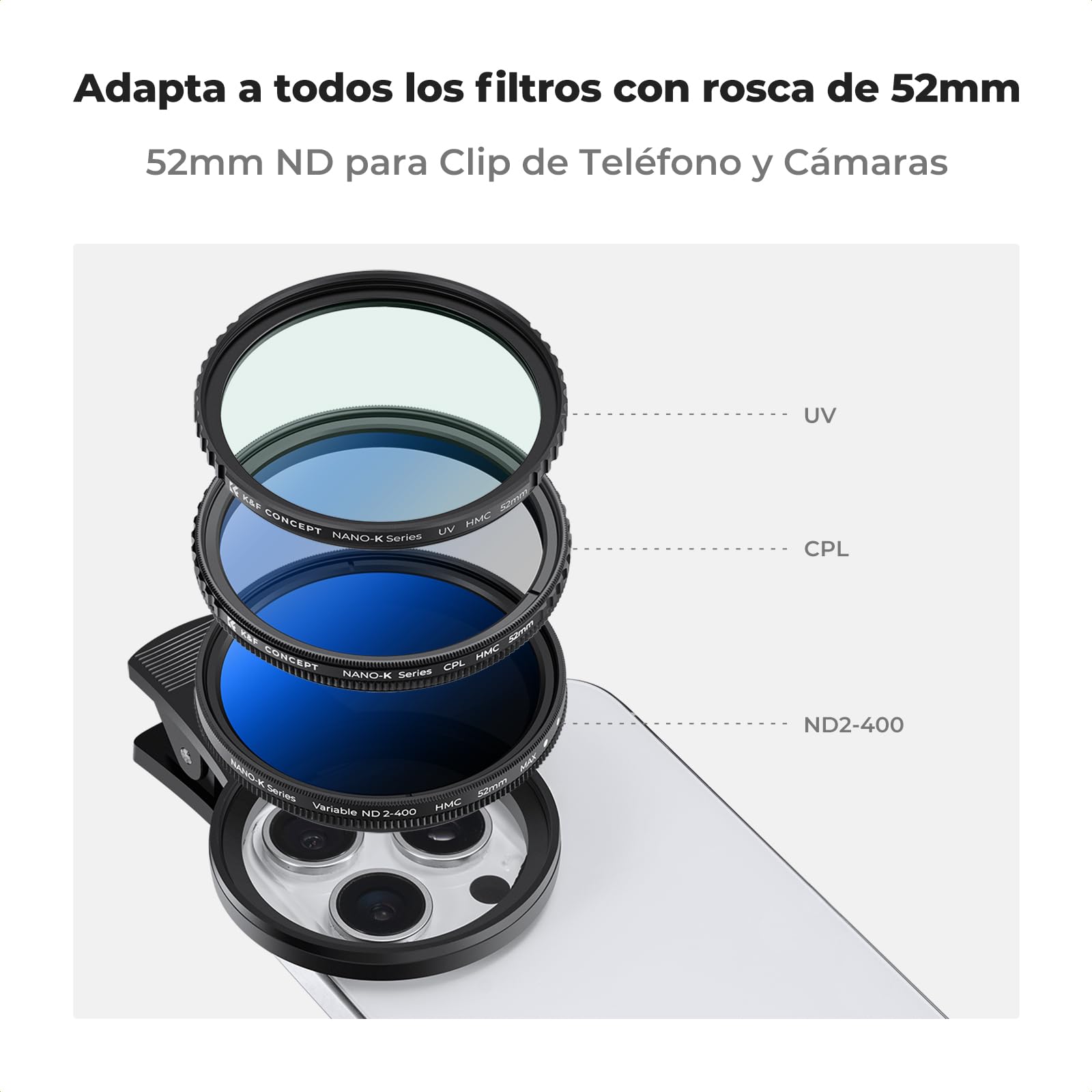 K&F Concept 52mm Clip-on Filtro ND2-400 para Teléfono,Filtro Variabile ND2–400, Teléfono Móvil Lente de Densidad Neutra con Clip Compatible con iPhone 16 15 Pro MAX 14 13 12 11