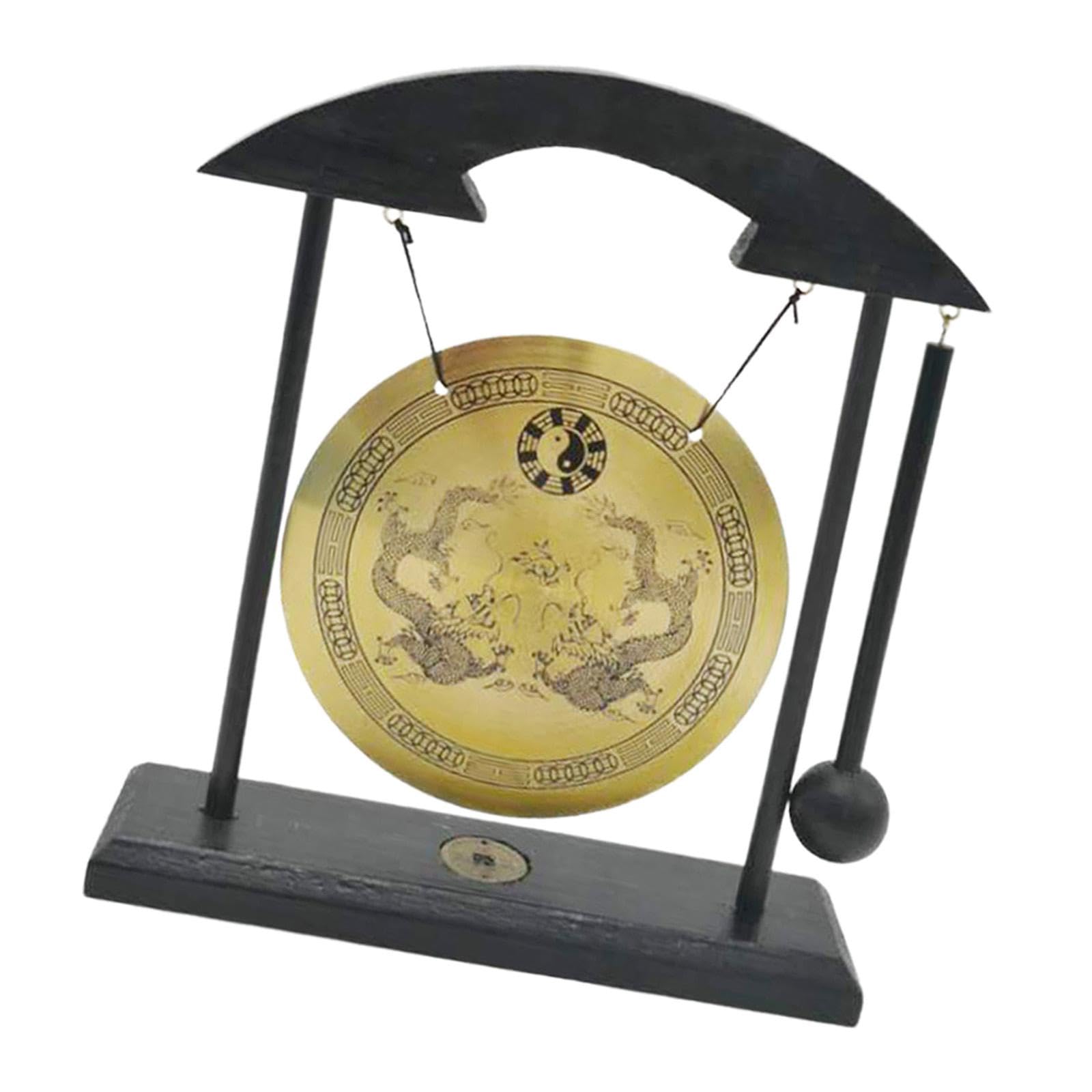 perfk Cuivre Gong Ornement Asiatique Gong Cloche Mini Carillons Éoliens En Laiton Feng Shui Bureau Gong Chinois Cuivre Gong avec Support pour Table Extérieu, Style b