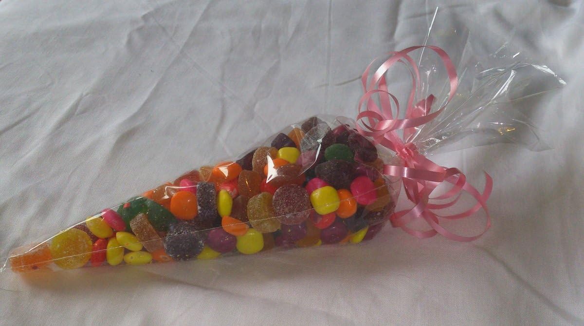celloexpress Pack of 100 - Extra Large Clear Party Bags - Cone Cellophane Display Bags with FREE Twist Ties - 45 micron - 18" x 10"
