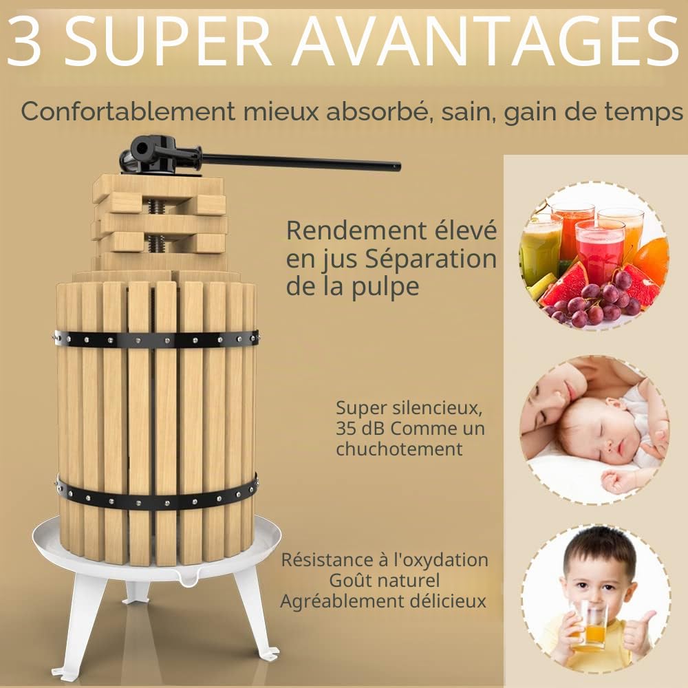 SQUEEZE master Presse à fruits, 18 l, avec panier en bois pour faire maison, jus naturel, raisin, baie, pomme, avec filet de pressage gratuit
