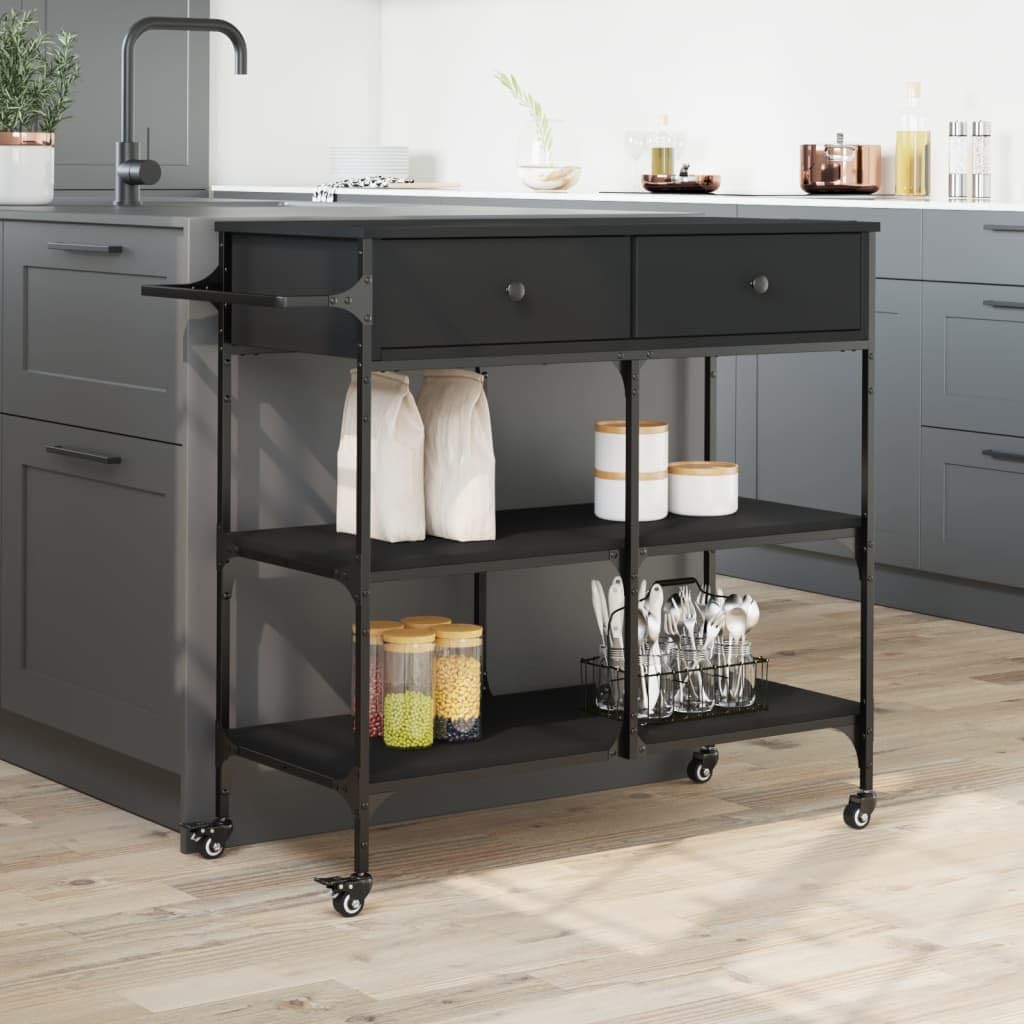 Kitchen Trolley Black Engineered Wood with Steel Frame 41.3"x16.5"x37.4" Rolling Kitchen Cart with Wheels and Towel Rack for Storage and Mobility