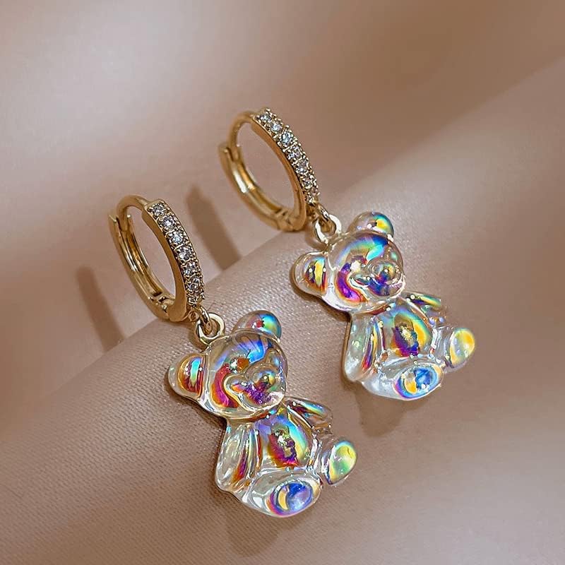 Iridescent Crystal Bear Drop Earrings, Gold-Plated Huggie Hoops with Rhinestones, Rainbow Effect - Image 2