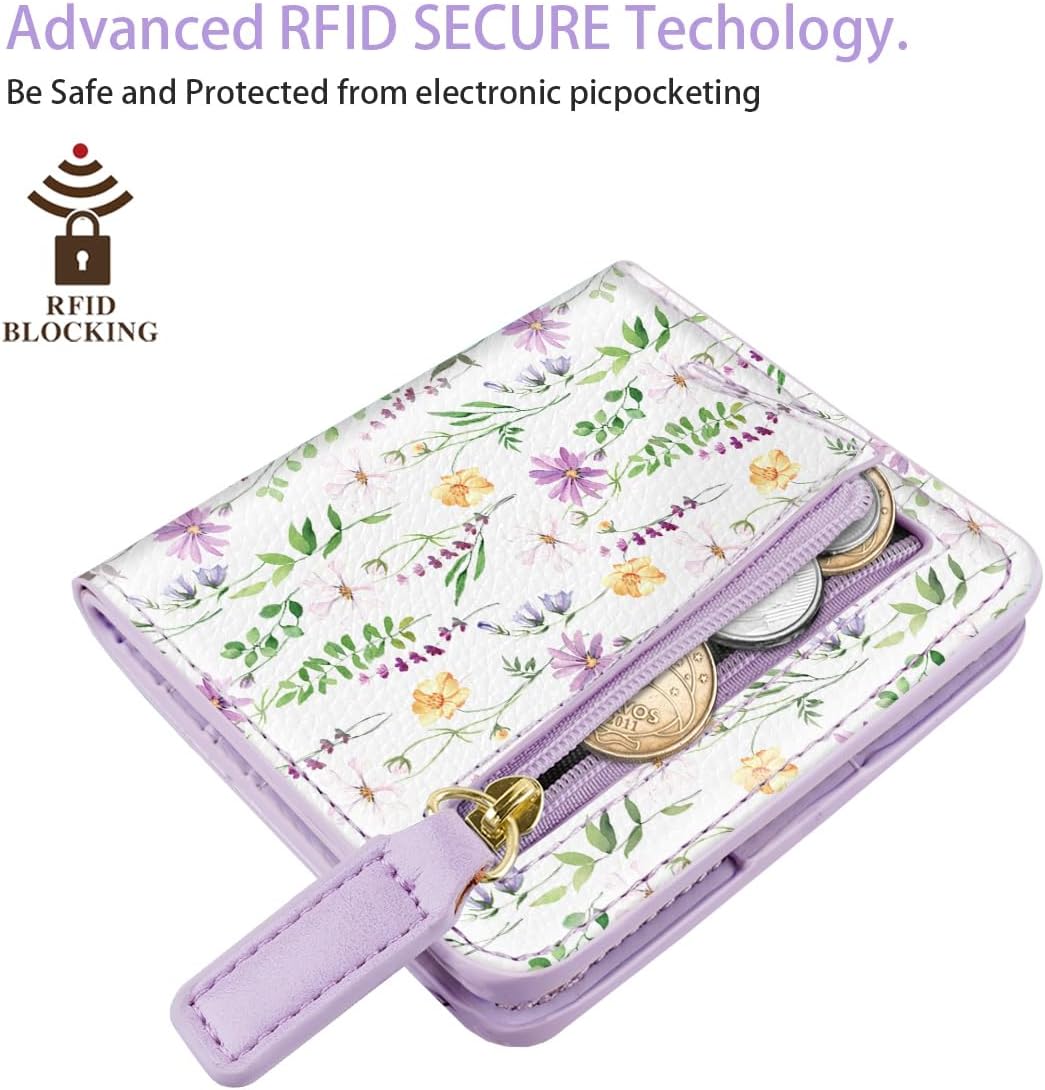 Womens Small RFID Blocking Wallet Compact Bifold Pocket Cute Credit Card Holder Leather Coin Slot Ladies Mini Purse with ID Window, White Daisy - Image 3