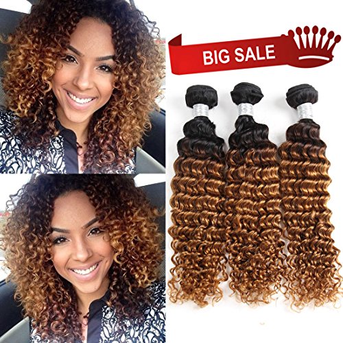 Dingfeng Hair Ombre 1B/30 Brazilian Virgin Hair Deep Wave Human Hair Weave 3 Bundles 100% Unprocessed Brazilian Deep Curly Hair Extension Two Tone Color